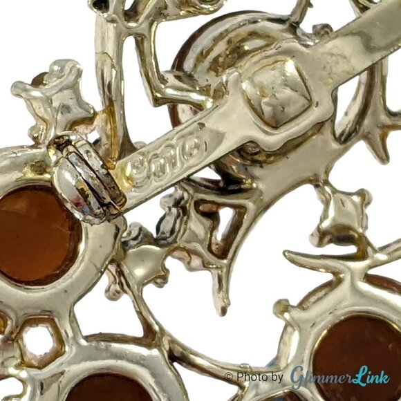 Vintage Coro Brown Lucite Moonstone Cabochons Rhinestones Gold Tone Brooch - Picture 8 of 9